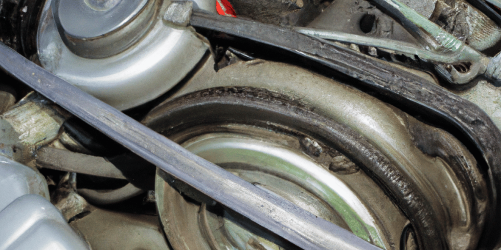 A picture of a car's engine, showing the fan belt, alternator pulley, and water pump pulley.